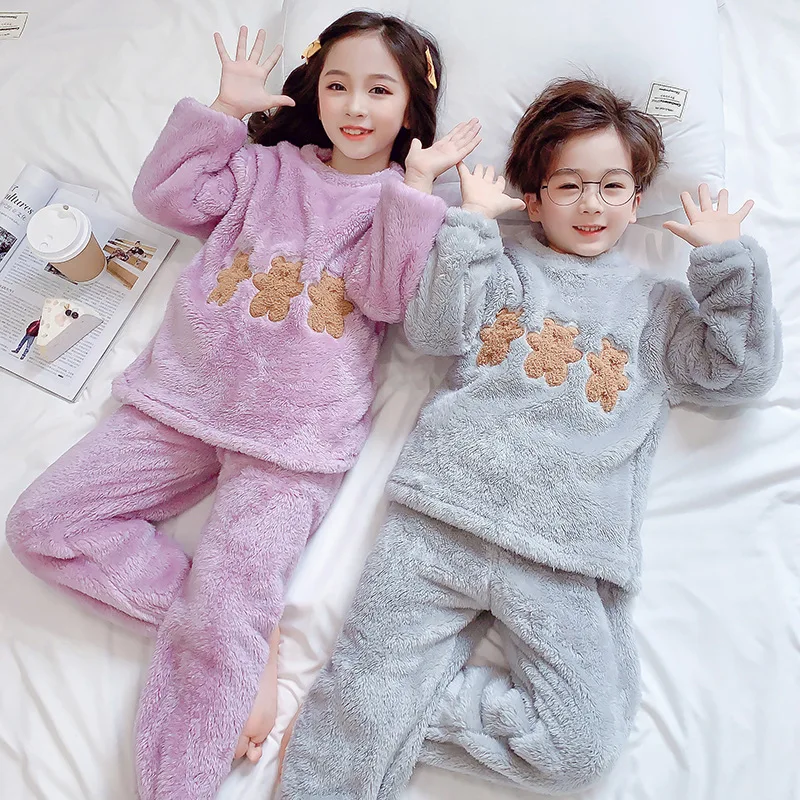 

Kids Flannel Pajamas Set for Boys Thicken Warm Long Sleeve Homewear Winter Children O-neck Cartoon Bear Nightwear Suits 2021 New
