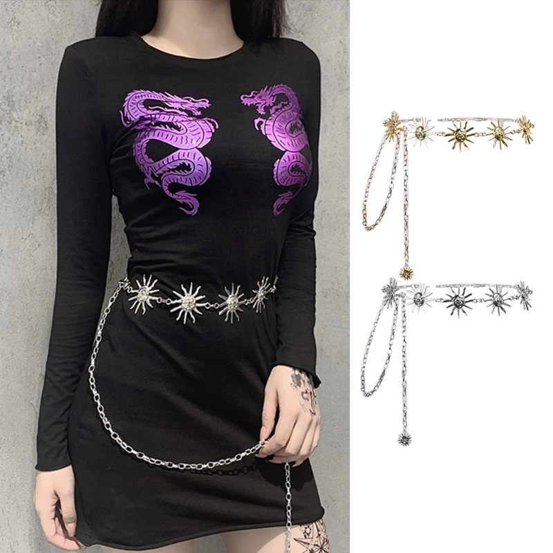 

Gothic Punk Women Girls Skinny Belt Vintage Harajuku Bohemian Metal Sun Pendant Charm High Waist Chain Beach Party Body