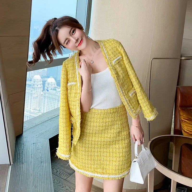 

Tweed Two Piece Set Women V-neck Thousand Lsland Jacket + Beaded Trimming Fan Skirt Autumn And Winter Clothing Rave Outfit