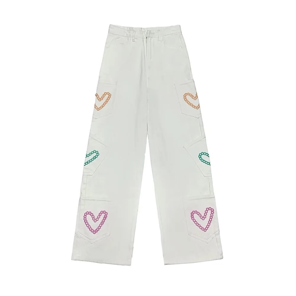 

New Summer Streetwear Women Jeans Loose Hip-hop Straight Color Love White Denim Pants Y2k High Waist Wide Leg Trousers Mujer