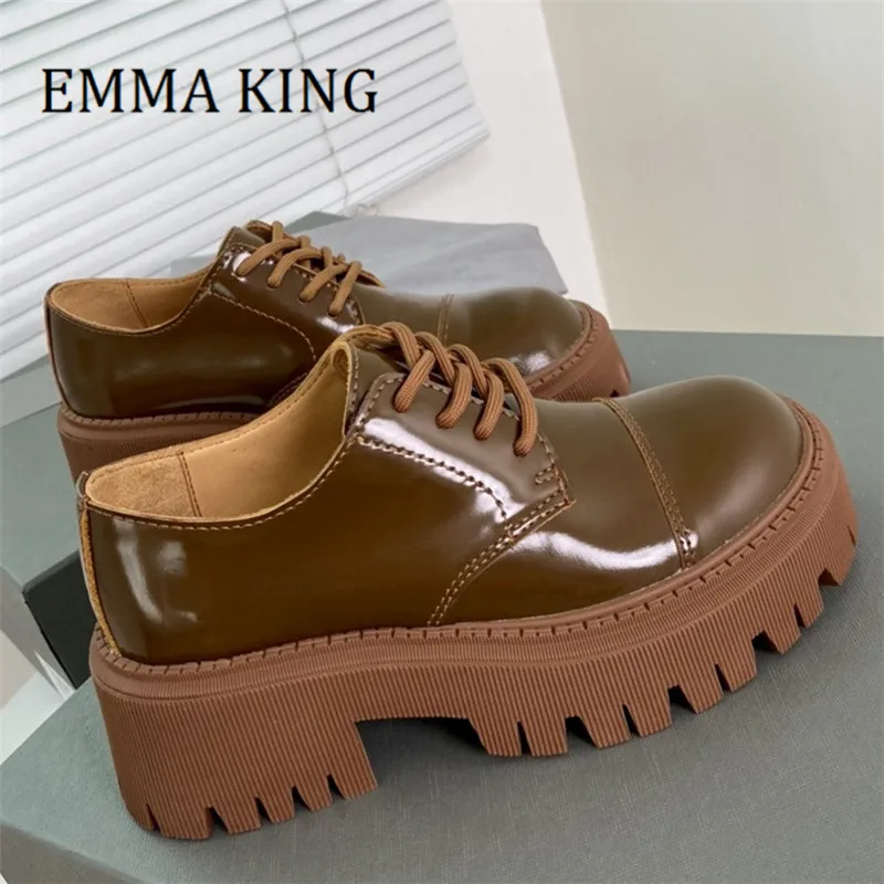 

2021 Autumn Women Casual Leather Derby Shoes Round Toe Cross-Tied Thick Sole Oxford Shoes Office Classic Handmad Footwear