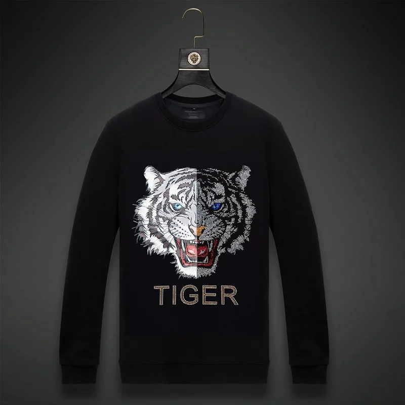 

Men 2021 Tiger Rhinestones Hoodie Sweatshirt Fashion Streetwear Full Pullover Hoodie Black O Neck Cotton Mens Autumn Clothes