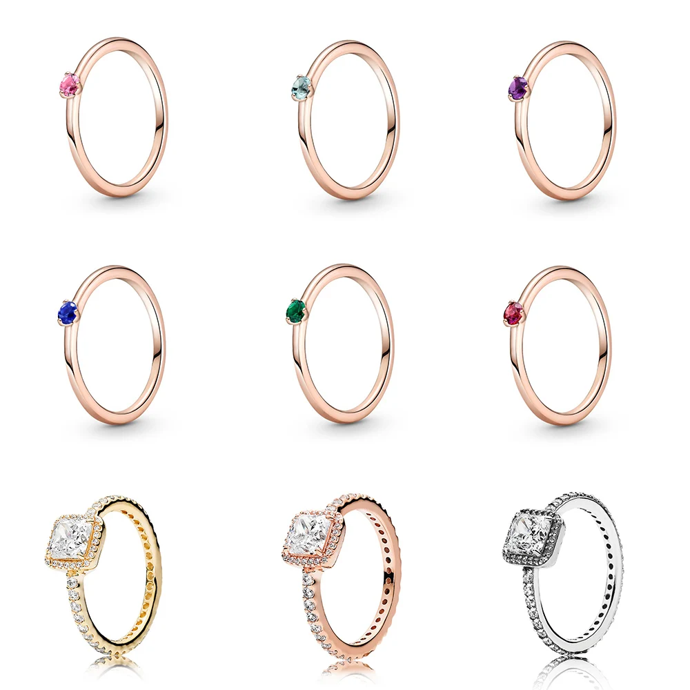 

925 Sterling Silver Ring Charms Rose Gold Big Cz Crystal Ring Pink Red Blue Purple Jewelry For Women Girl Party Jewelry