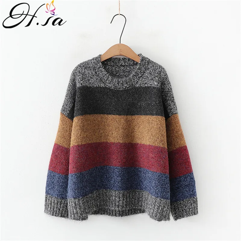 Женский Теплый свитер в разноцветную полоску H.SA джемпер оверсайз радужной