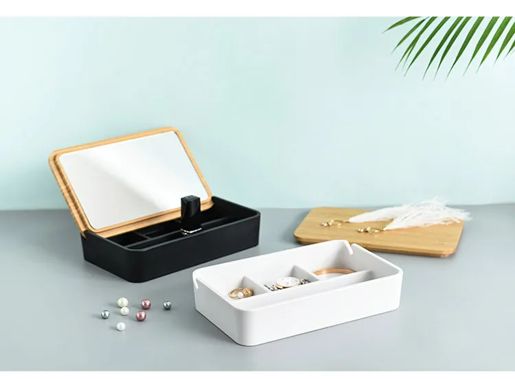 

Plastic Makeup Organizer With Bamboo Cover Jewelry Storage Box With Mirror Cosmetic Organizer Desktop Makeup Storage Box