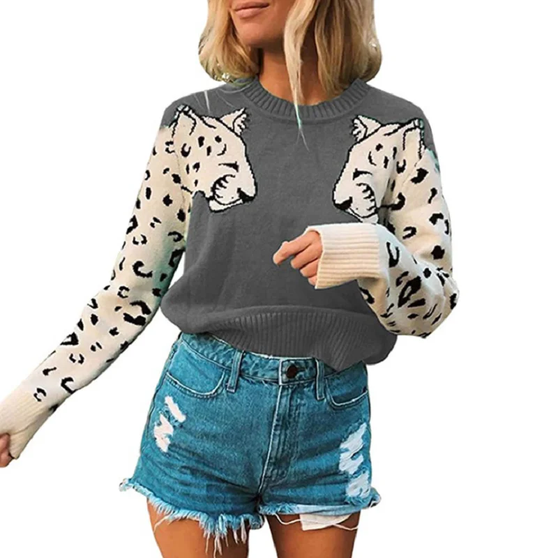 

2020 New Autumn Winter Women Sweaters And Pullovers Long Sleeve Casual Leopard Head Sweater Slim Solid Knitted Jumpers Sweater