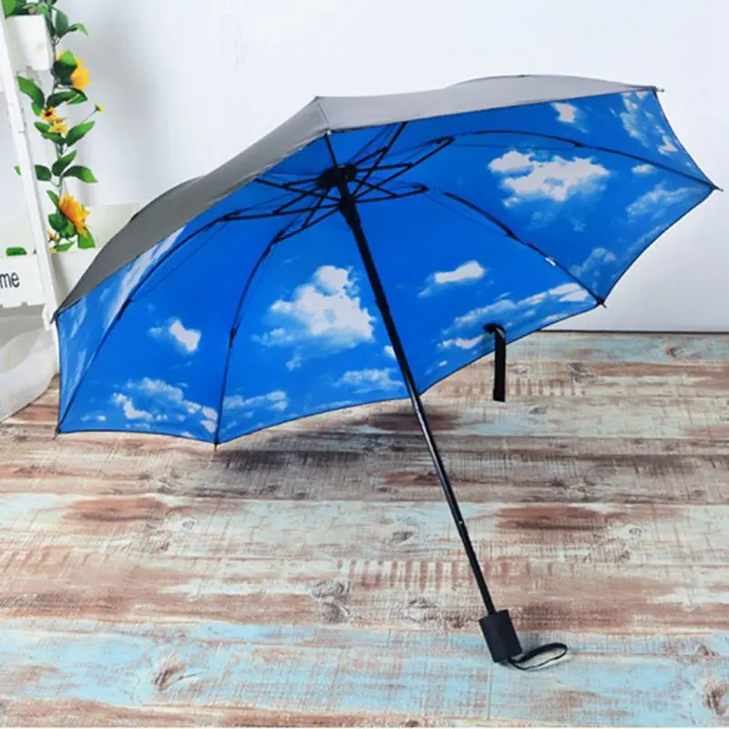 Summer Folding Rainy Umbrella Anti-UV Rainproof Umbrellas Sun Protection Parasol Blue Sky White Clouds Printed Female | Дом и сад
