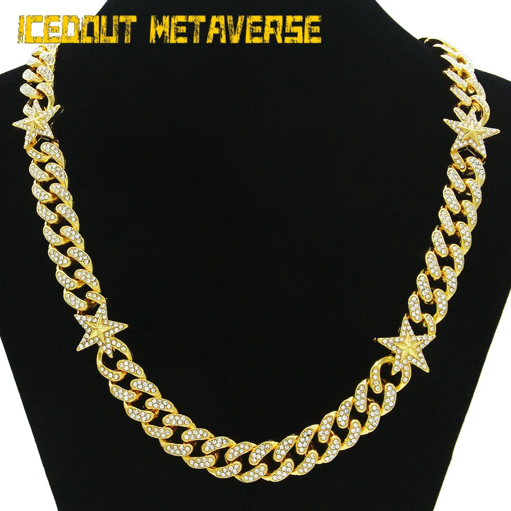 

13mm European Hip-hop Full Rhinestones Bling Star Cuban Link Chain Necklace Nightclub Hip-hop Decoration Accessories