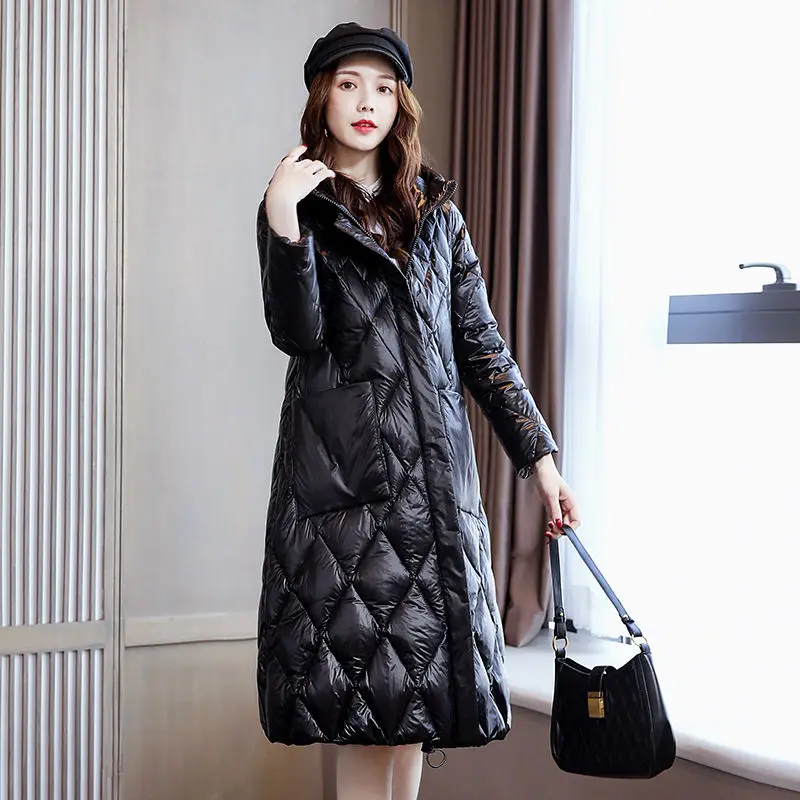 

Women 2020 Winter Elegant Long Slim Down Cotton Parkas Female Hooded Solid Color Coat Office Ladies Thick Big Pockets Jacket L85