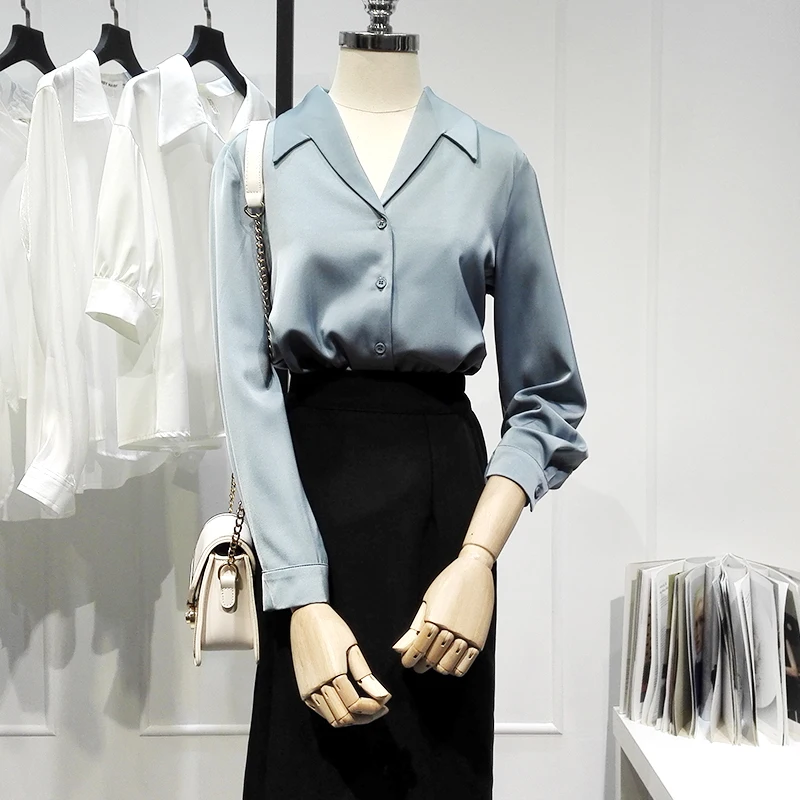 

Blue Chiffon Women Shirts Summer New 2021 Turn-Down Collar Long-Sleeved Loose Elegant Office Lady Outwear Tops