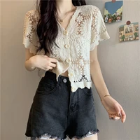 hollow out lace petal sleeve flower stand collar hollow out flower patchwork shirt women blouse chic button femme white tops