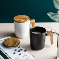nordic style wooden handle ceramic cups coffee mugs couple mug with spoon lid mug coffee tea cup home office drinkware gifts