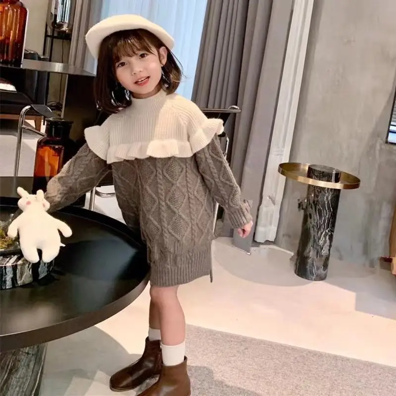

New 2021 Autumn Winter Baby Toddler Teenage Kids Girls Knitted Dress Children's Clothes Slim Girls Sweater Party Dresses D375