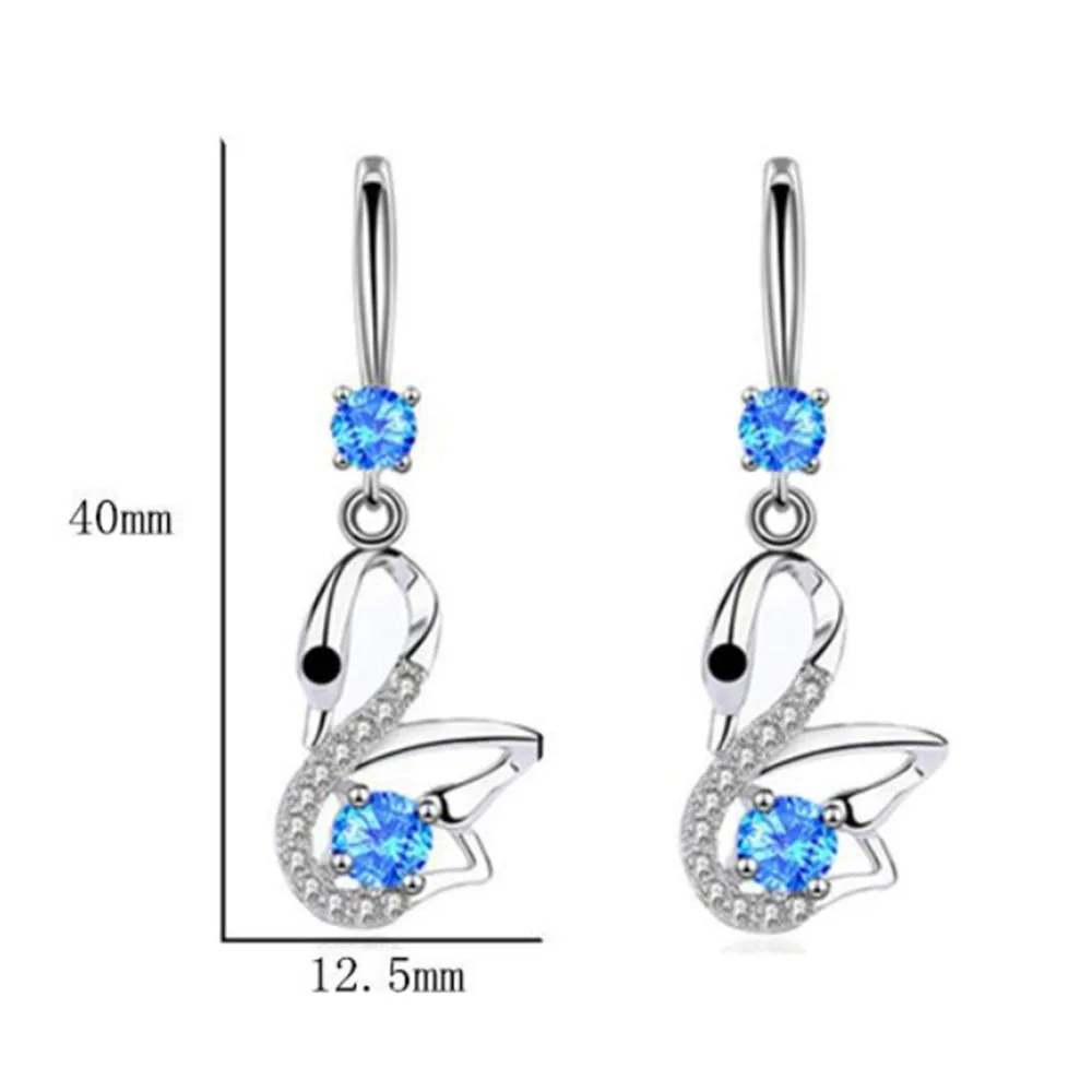 

925 Sterling Silver New Woman Fashion Jewelry High Quality Blue Pink Crystal Zircon Swan Long Tassel Hook Earrings