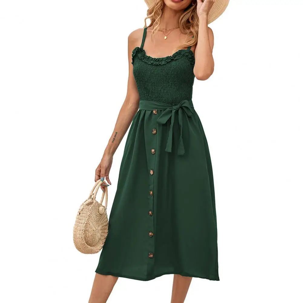 

Women Dress Off Shoulder Ruffles Summer Suspender Buttons Lace-up vintage dress women elegant for Party Street wear Blue xl