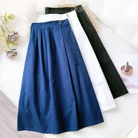 vintage midi skirts white navy blue summer skirts womens 2020 new office knee length korean long cotton elastic waist skirt