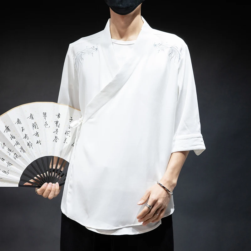 MR-DONOO Spring Summer Men's Chinese Style Embroidered Cross-neck Cardigan Jacket Retro Three Quarter Sleeve Thin Loose Coat | Мужская
