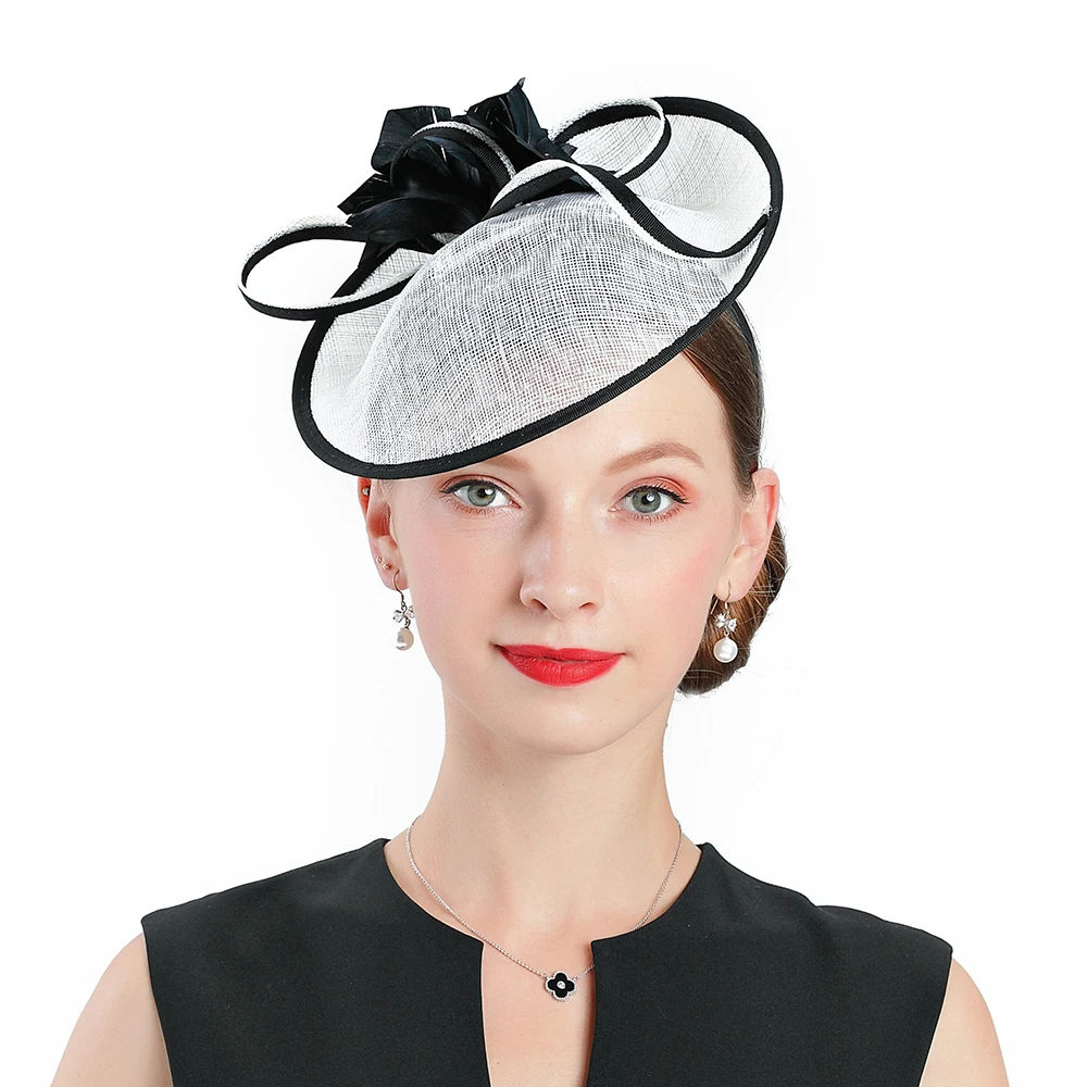 White fascinator hat Свадебная женская шляпа для элегантного банкета, фетровые шляпы, вуалетки, шляпы для женщин, шляпы для похода в церковь, женские вечерние белые льняные перьевые кепки - Цвет: White fascinator hat