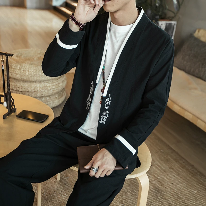 

2021 Autumn Chinese Style Men's Clothes Cotton Linen Retro Hanfu Suit Two Piece Set Male Loose Costume Long Sleeve Shirt+pants