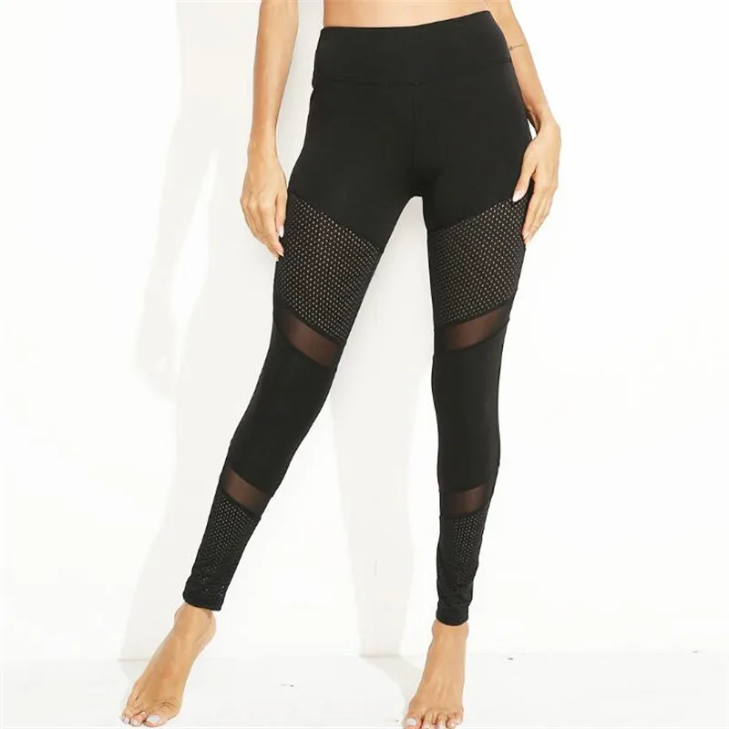 Женские леггинсы для бега кружевные лоскутные черные спортивные колготки