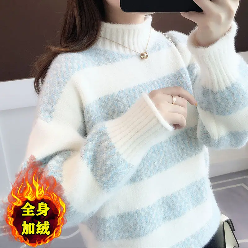 

Women Autumn Winter Faux Mink Cashmere Sweater Pullovers Women Casual Thick Long Sleeve Turtleneck Knitted Jumpers Pullover tops