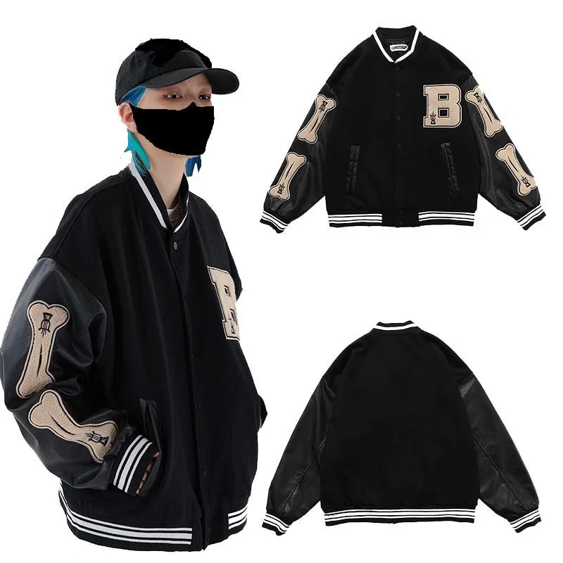

Men Autumn High Street Hiphop Flocking Baseball Uniform Couple Baseball Jacket Women Hiphop Streetwear Stitching Coat Unisex