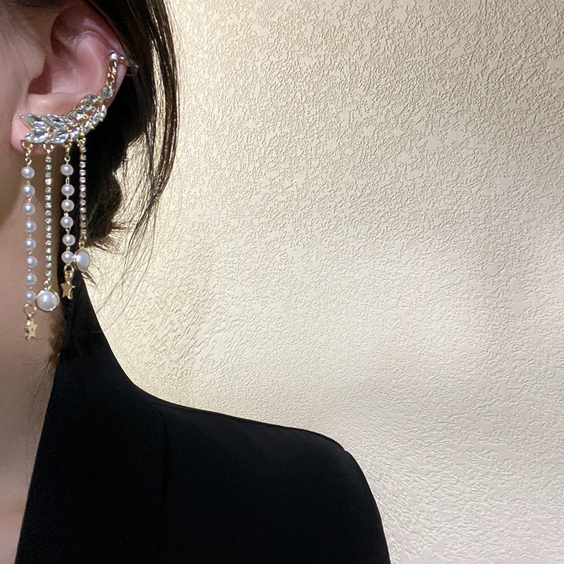 

Geometric Pearls Star Rhinestone Earrings for Women Long Tassel Crystal Ear Clip Earrings Weddings Party Jewelry Accessories