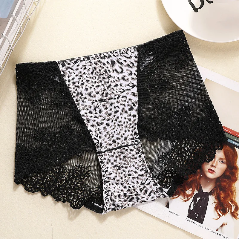 

[45-70 kg] new leopard print underwear ladies lace sexy elastic breathable mid-waist ice silk crotch briefs summer