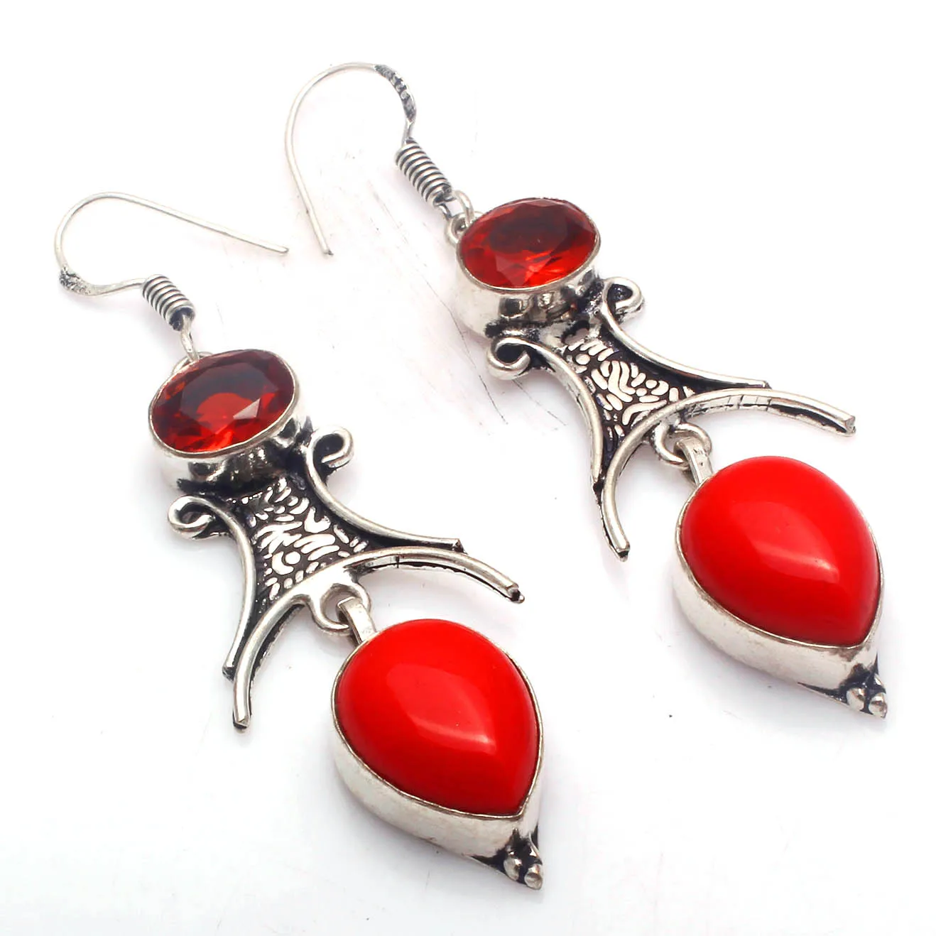 

Genuine Coral + Garnet Silver Overlay on Copper Earrings ,Hand made Women Jewelry Gift , 67 mm, E5760