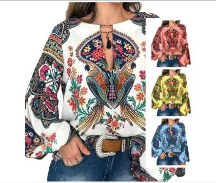 

Spring and autumn European trend ethnic style women's printed lantern sleeves large size long-sleeved shirt women's S-5XL