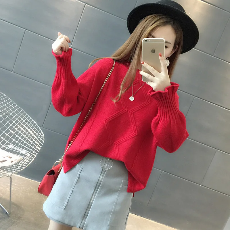 

2020 Korean Fashion Sweater Spring Autumn New Loose Solid Hooded Pullover O Neck Long Sleeve Red Black Sweaters Women