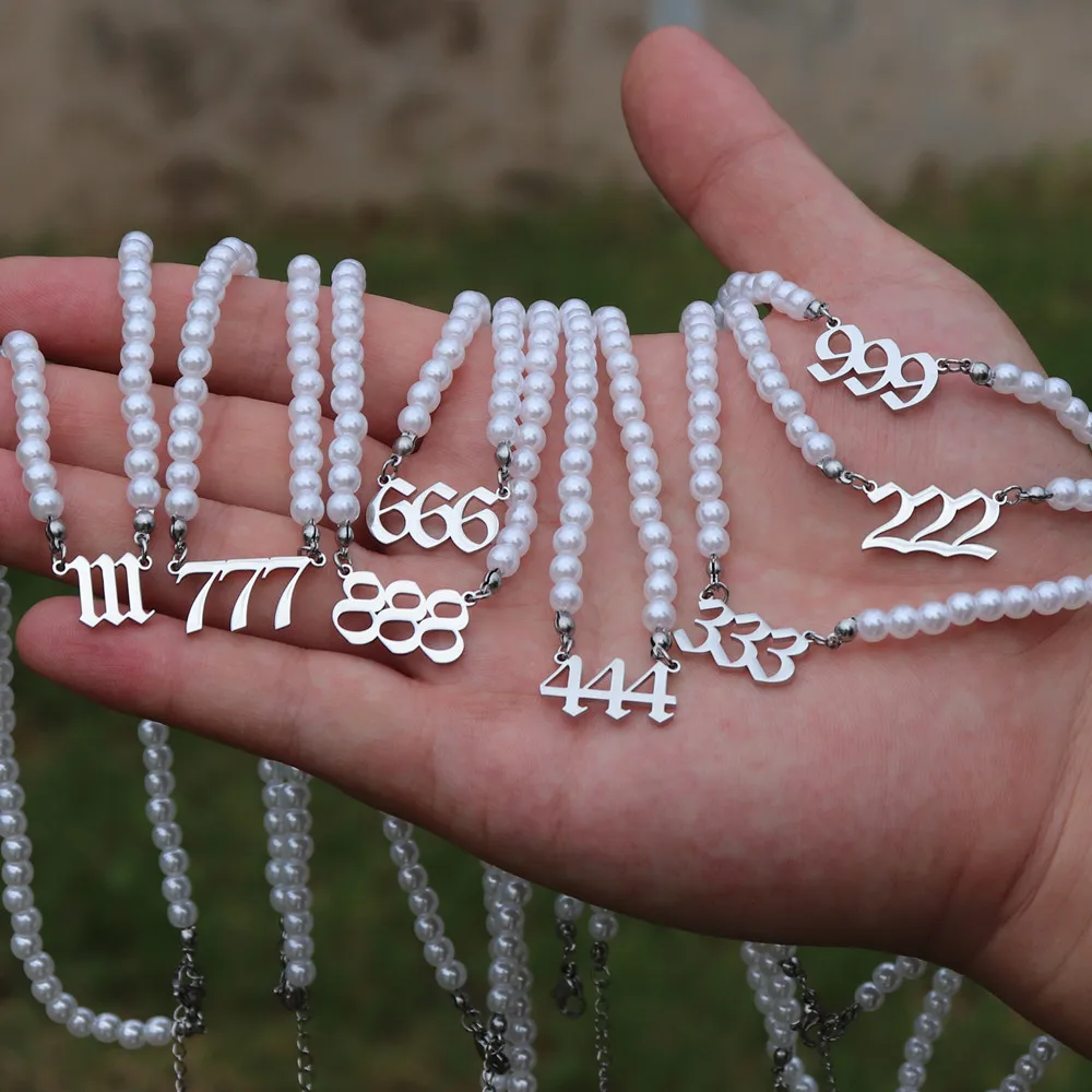 Pearl Choker Necklace 111 222 333 444 555 666 777 888 999 Angel Number Necklaces Women Stainless Steel Jewelry Gift Collier | Украшения и