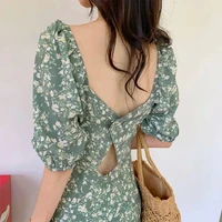 2021fashionsummer floral dress women puff sleeve chiffon mini backless dress casual french style elegant vintage korean dress