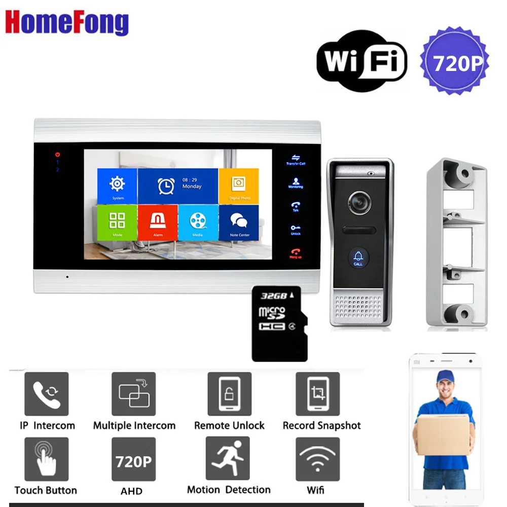 With 32GB SD Card Homefong WIfi видео домофон видеодомофон AHD720P запись движения широкий угол звонок кольцо безопасности домашняя система контроля доступа - Цвет: With 32GB SD Card