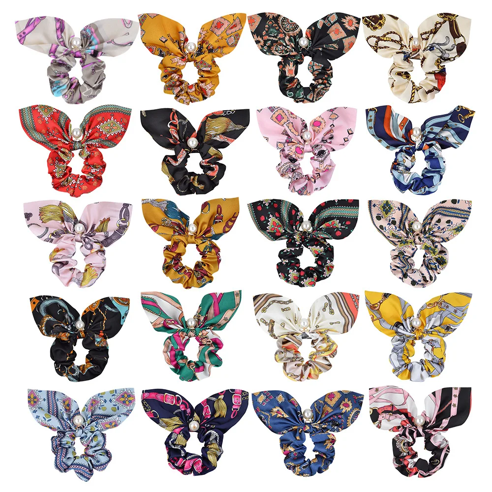 

20pcs Bowknot Elastic Hairbands For Women Girls Scrunchies floral print Hair Ties Ponytail Holder Hair Accessories