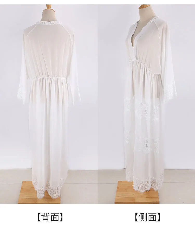 

2021 Summer New Chiffon Patchwork Lace Long Skirt Sexy V-Neck Bohemian Swimsuit Loose Beach Blouse Cover
