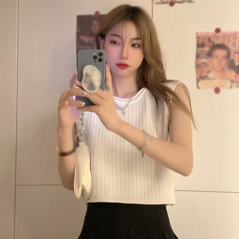 

Женский свитер, жилет, облегающий однотонный укороченный топ без рукавов, Осенний вязаный Топ, вязаный жилет, винтажный пуловер