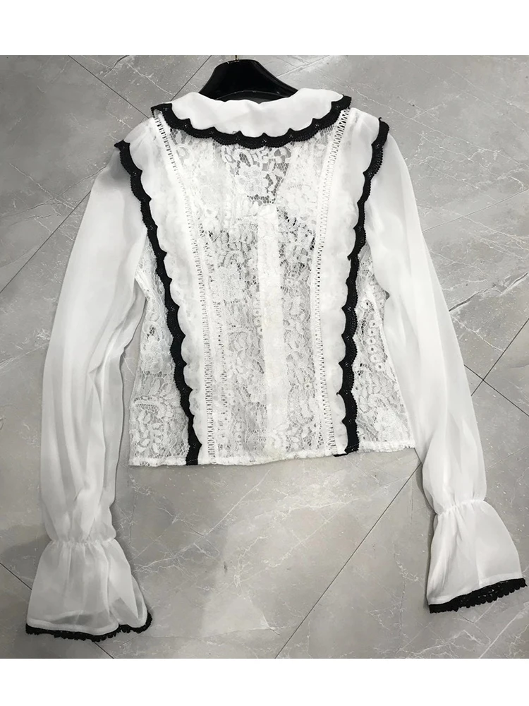 

Retro contrast color lapel stitching lace lace bow knot short shirt ladies autumn new style personality all-match top
