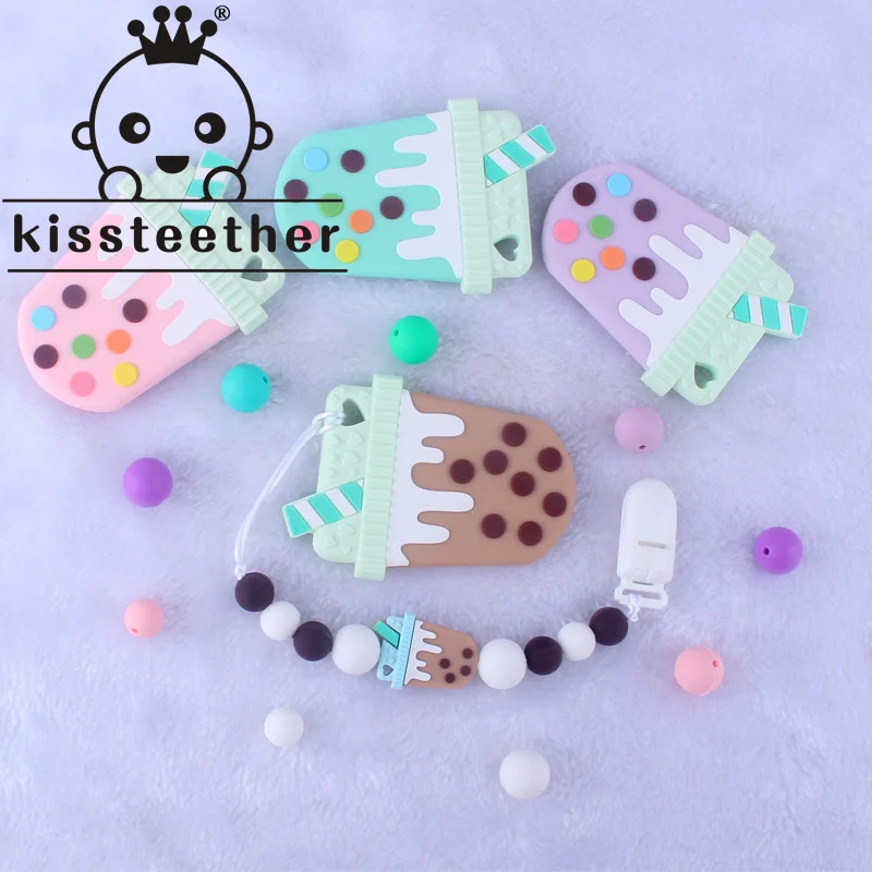 

Kissteether 1set Milk Tea Cup Silicone Teether Toy and Soother Pacifier Holder Clip Chain Best Newborn Shower Molar Product Gift