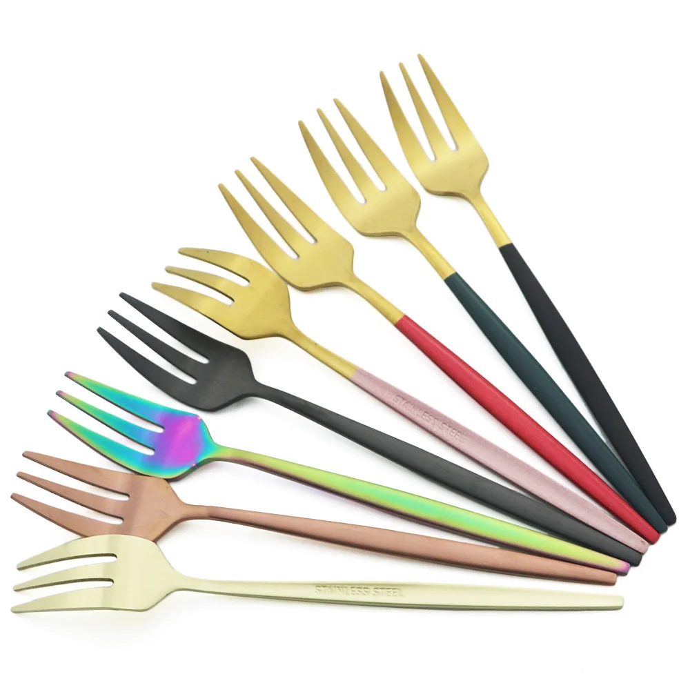 

6Pcs Coloful Tea Cake Snack Dinnerware Cutlery Matte Stainless Steel Dessert Fruit Fork Silverware Set Forks Tableware