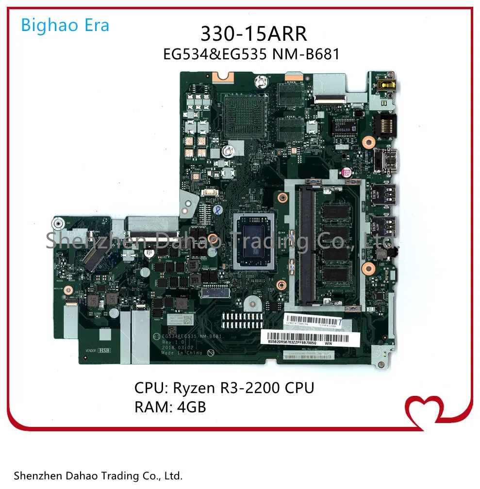 

EG534&EG535 NM-B681 For Lenovo Ideapad 330-15ARR Laptop motherboard FUR: 5B20R56763 Ryzen R3-2200 CPU Main board