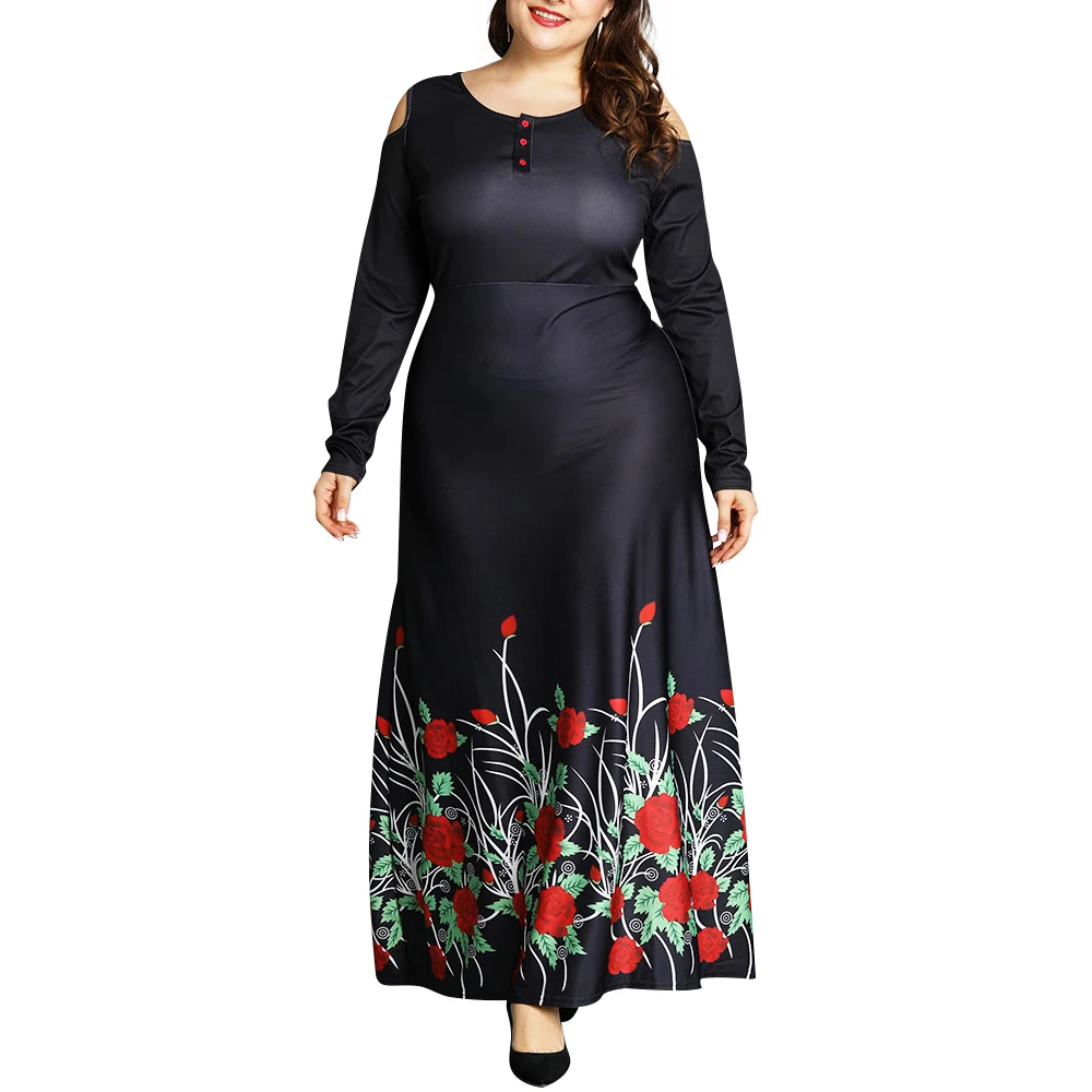 Женское платье с открытыми плечами размера плюс Черные Платья цветочным принтом