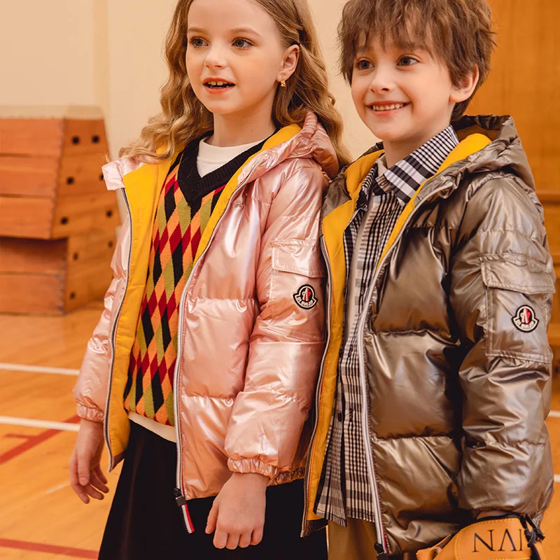 Chaqueta de plum&oacute;n de pato para ni&ntilde;o y ni&ntilde;a, abrigo corto impermeable con capucha gruesa de Color s&oacute;lido, prendas de vestir de invierno, 90%-1
