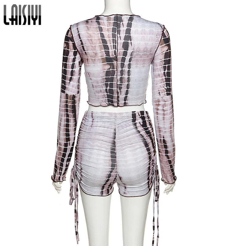 

LAISIYI 2020 Tie Dye Sexy Crop Tops Biker Shorts Ruched Bandage 2 Pieces Set Women Autumn Winter Streetwear Outfits Tracksuit