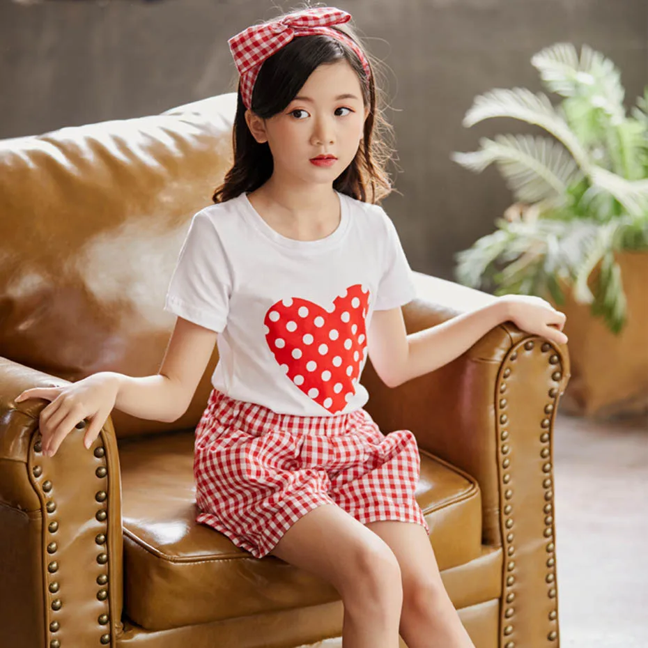 Летняя одежда для девочек костюм с рисунком сердца футболка + штаны комплекты