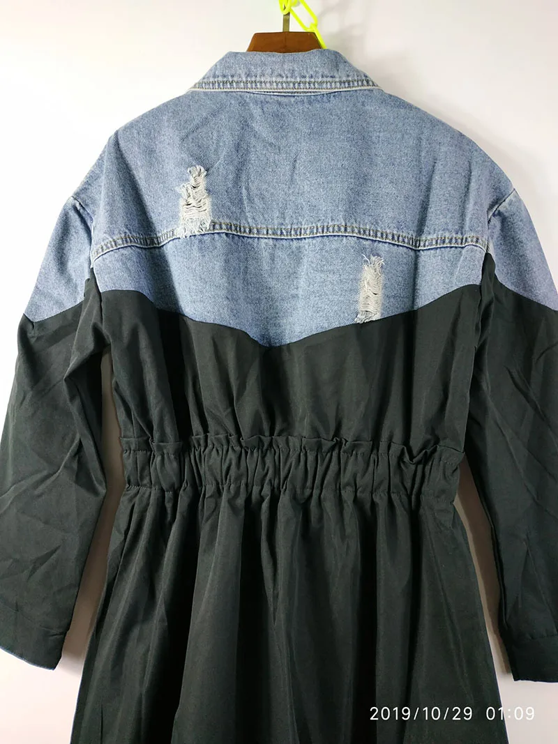 4XL Осенняя Новая модная длинная джинсовая куртка-ветровка с дырками