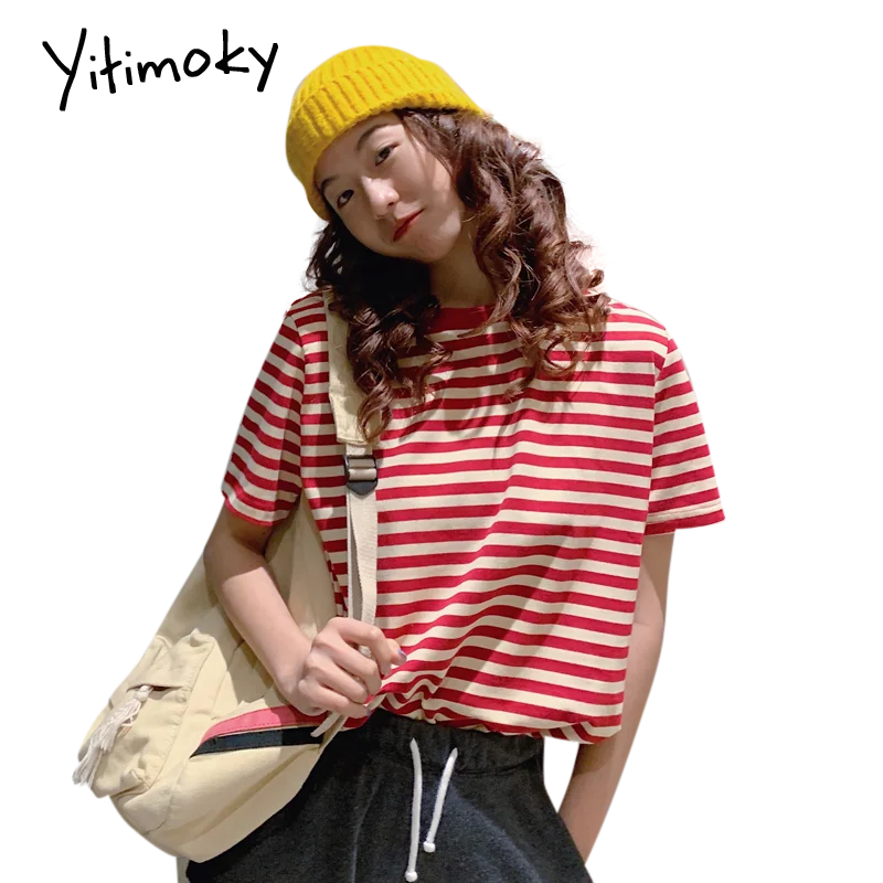 Корейская футболка в полоску большого размера с коротким рукавом женская летняя