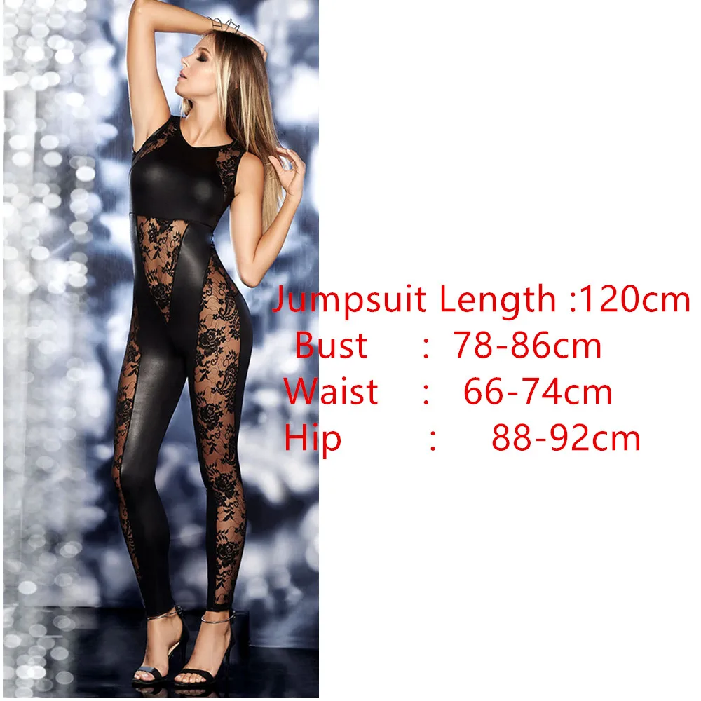 

Elastic Sexy Wetlook Leather Patchwork Lace Backless Bodysuit Women Fetish PU Leotard Pole Dance Erotic Nightclub Costume
