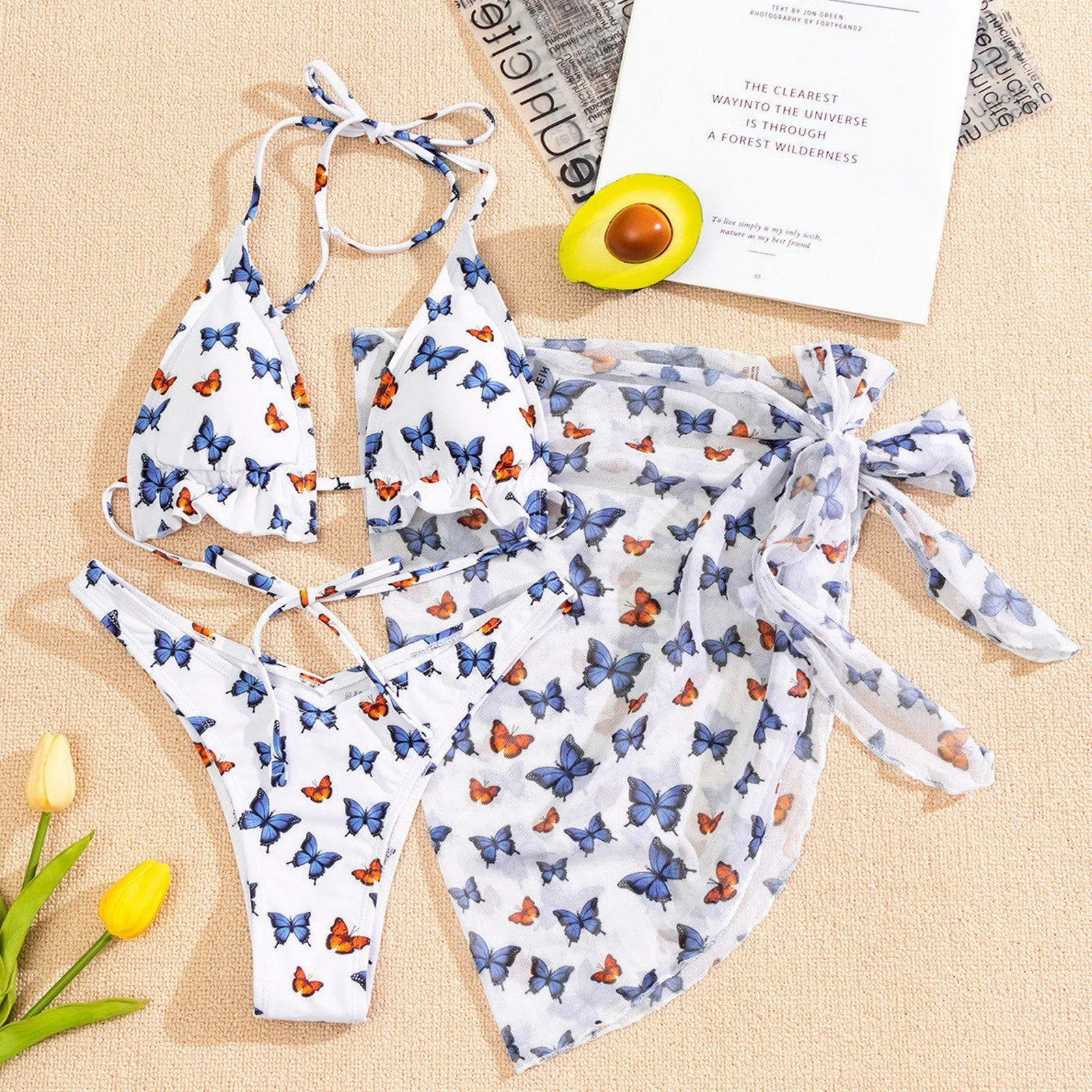 

Women's Sexy Fashion Butterfly Print Split Sarong Three-piece Bikini Swimsuit Beach Bikini 2021 Woman Sexy Front Lace Up Tie
