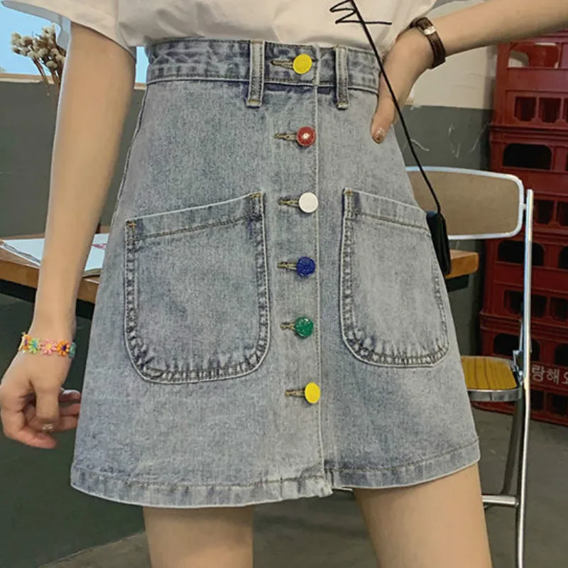 

Skirts Women Mini Button Pockets A-Line High Waist Solid Casual Korean Fashion Chic Leisure Streetwear Students Daily Womens New